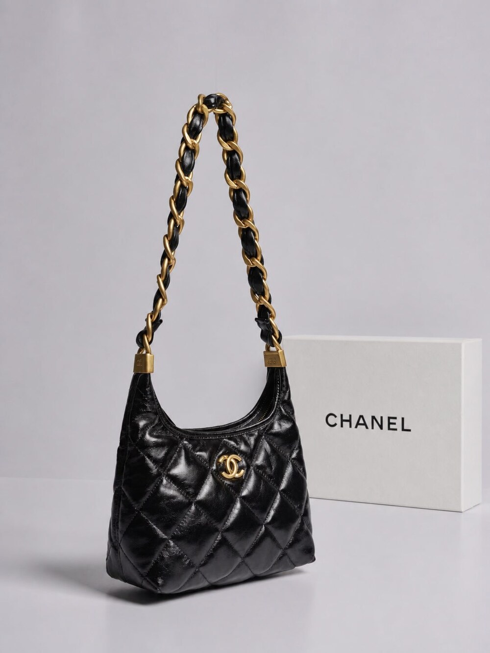 Chanel Shiny Black Calfskin Quilted Hobo with Gold Tone Hardware - Picture 7 of 14